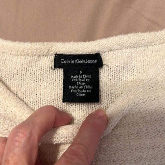 Calvin Klein jeans szS LS grey & white striped sweater sheer back panel EUC - Picture 3 of 7